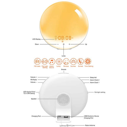 Colored Sunrise Wake-up Light Sunset Simulation Alarm Clock FM LED Night Lamp