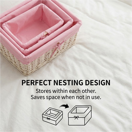 Pink 3 Pcs Wicker Storage Basket Washing Clothes Basket Hamper Picnic Basket set