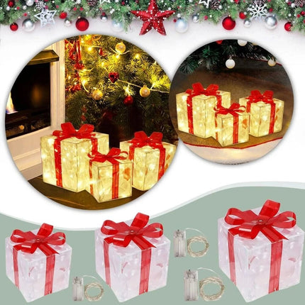 3Pcs LED Christmas Lights Glowing Gift Box 3D Christmas Indoor & Outdoor Decor Red
