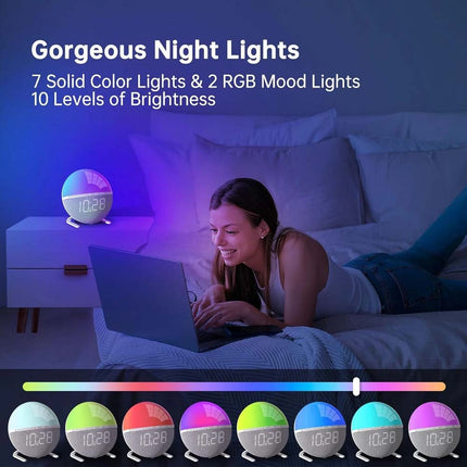 Alarm clock wake-up light with sunrise/sunset simulation, dual alarm clocks