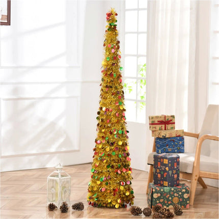 Foldable Christmas Tree Retractable Tinsel Tree Holiday Decor Gold and colors