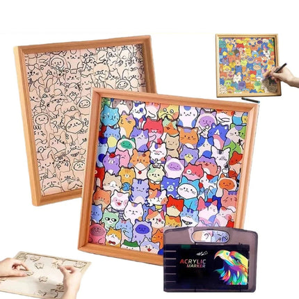 DIY Wooden Cat Puzzle Frame, Wooden Coloring Puzzle, Cat Puzzles Decor