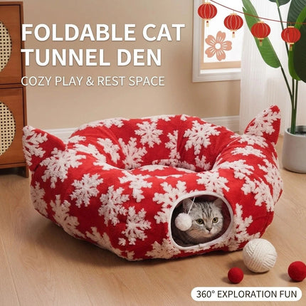 Cat Tunnel Bed Red Donut Rest Cave 90 cm Foldable Fabric Cotton Filled Channel