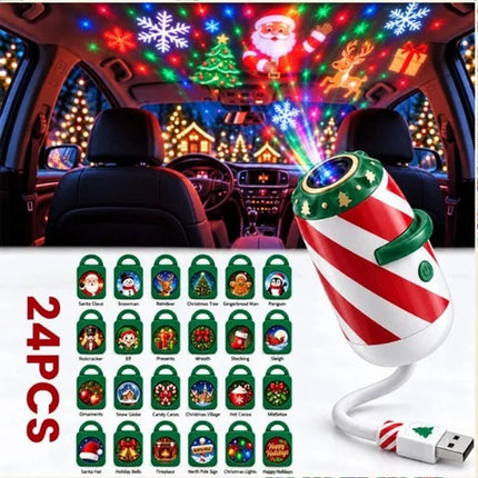 Merry Christmas Car Interior Projector Light USB Holiday Lamp 24 Patterns