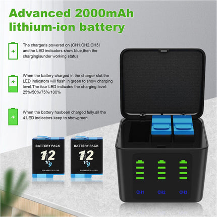 3-Slot Battery Charger For GoPro HERO 9 10 11 12 w/ 2*2000mAh Batteries