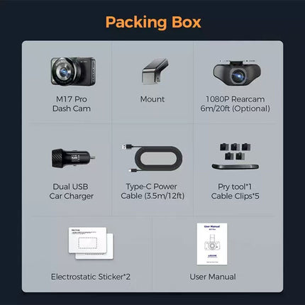 AZDOME M17 Pro Dash Cam Voice Activated Front Rear Wifi 64GB Card Loop Recording