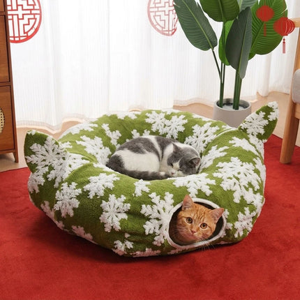 90 cm Foldable Green Cat Donut Tunnel Bed with Soft Cotton Filling for Daily Play and Cozy Naps