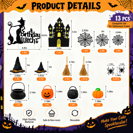 16pcs Halloween Cake Topper Set Party Supplies Witch Pumpkin Decoration