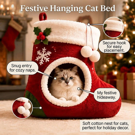 Hanging Christmas Cat Bed with Faux Plush-Lining Festive Small Pet Medium Cave