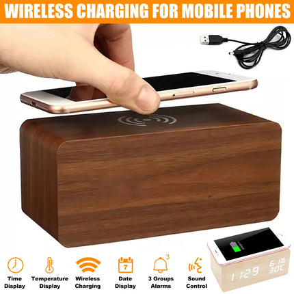 Bedside Digital Alarm Clock Indoor Temp Free Standing Wood USB & Batteries Recta