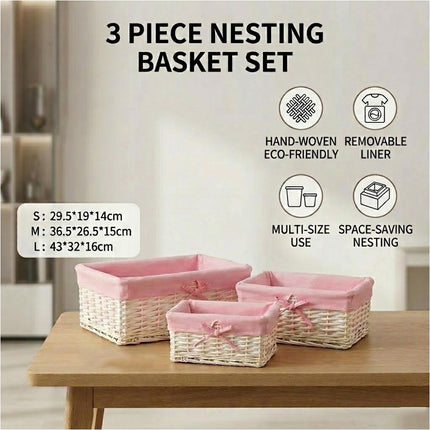 Pink 3 Pcs Wicker Storage Basket Washing Clothes Basket Hamper Picnic Basket set