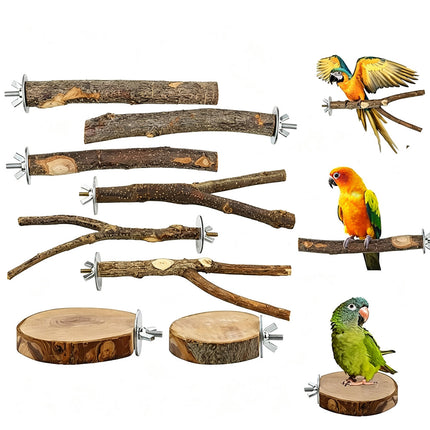 8PCS Natural Wooden Bird Perch Stand Branch, Parrot Cage Perch for Cockatiels Budgies
