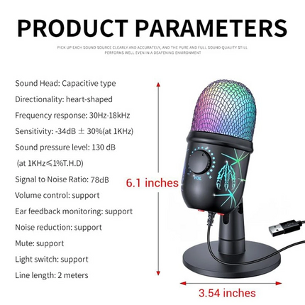USB Microphone Noise Cancellation Condenser RGB Gaming Mic for PC Laptop Android