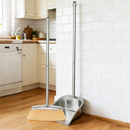 Stainless Steel Broom and Dustpan Set with Long Handle, Upright Heavy Duty