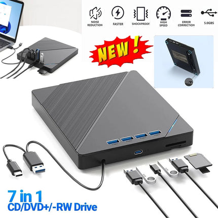 7-in-1 Slim External CD DVD Drive USB 3.0 Reader Writer Burner Player For Laptop