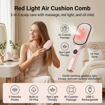 Electric Misting Air Cushion Hair Brush Steam Styling Tool Scalp Massage Comb Pink