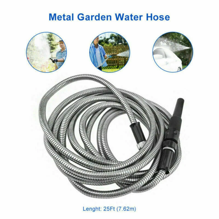 100FT Stainless Steel Water Hose Metal Home Garden Pipe with 2 Nozzle Connector