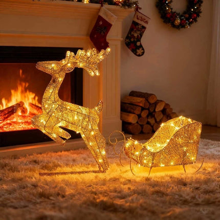 Christmas Lighted Reindeer & Sleigh Solar Powered LED Lights Xmas Decoration
