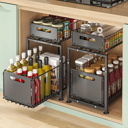 2 Tier Pull Out Cabinet Organizer Rack for Kitchen Under Sink Storage Shelf