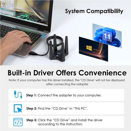AX1800 WiFi 6 USB 3.0 Dual Band Wireless Adapter 4 Antennas for Windows 10 11