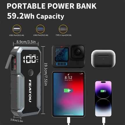 12V Portable Vehicle Power Starter 7000A Peak Output Car Starting Device for Cars Motorcycles
