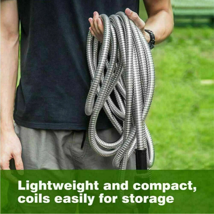100FT Stainless Steel Water Hose Metal Home Garden Pipe with 2 Nozzle Connector
