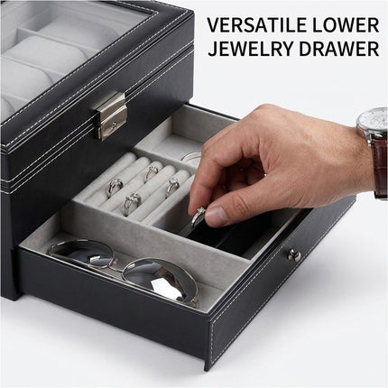 Double Layer Grids Watch Holder Box Carbon Storage Case Jewelry Display Organizer Gift