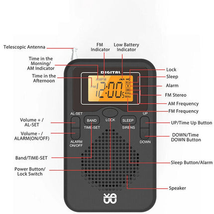 Portable Pocket Digital LCD AM FM Radio Battery Powered Receiver Speaker