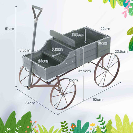 Wooden Garden Flower Planter Wagon Plant Bed W/ Wheel Garden Yard