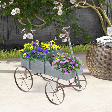 Wooden Garden Flower Planter Wagon Plant Bed W/ Wheel Garden Yard