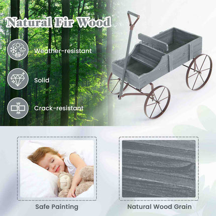 Wooden Garden Flower Planter Wagon Plant Bed W/ Wheel Garden Yard