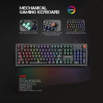 LED Mechanical PC Gaming Keyboard Rainbow Backlit RGB 107Keys Blue Switch