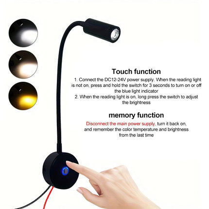 LED Gooseneck Wall Lamp Caravan Spotlight Bedside Reading Light 12V   (Black) - Image 3