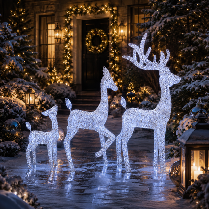 3-Piece Lighted White Christmas Reindeer Family  Detachable LED Stag Doe Fawn Set with Champagne Glitter Plug-In LED Standing Reindeer Xmas Decoration for Home, Entryway, Living Room, Shopfront and Holiday Display