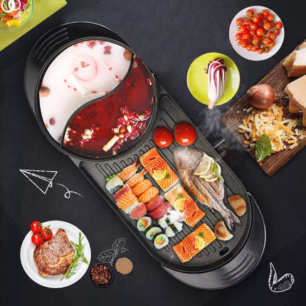 Electric 2 in 1 Hot Pot Hotpot BBQ Grill Oven Smokeless Barbecue Pan Machine