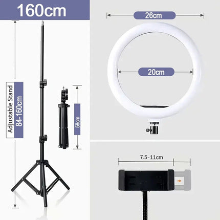 160cm LED Ring Light with Tripod Stand Phone Holder Streamer Studio Photo Makeup Lamp
