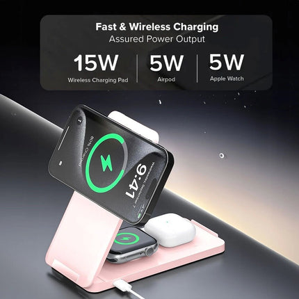 Pink Foldable Wireless Charger Dock Charging Station For Apple Watch iPhone 16 15