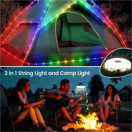 Extractable 10m Solar LED Camping String Lights Tent Garden Warm & Coloured