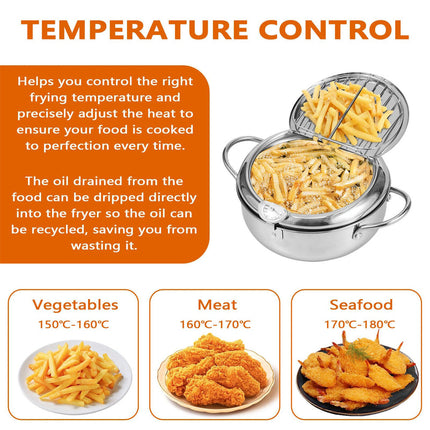 24CM Kitchen Stainless Steel Deep Fryer Frying Pot With Oil Drainer Thermometer & Lid