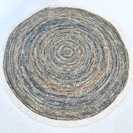 Round Jute and Cotton Rug  and Hand braided Jute Carpet Floor Mat Blue and Brown