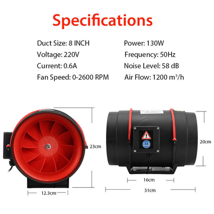 High-Performance Vent Inline Fan 6'' 8 '' Exhaust Ventilation Tube Duct W/Speed Controller