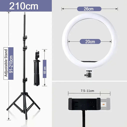 210cm LED Ring Light with Tripod Stand Phone Holder Streamer Studio Photo Makeup Lamp