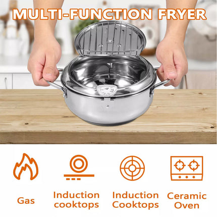 24CM Kitchen Stainless Steel Deep Fryer Frying Pot With Oil Drainer Thermometer & Lid