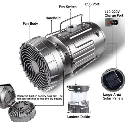 Portable Solar Camping Lantern with Fan USB Rechargeable Outdoor Tent LED Lights