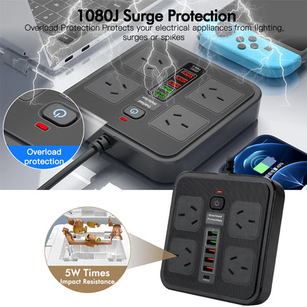 Surge Protector Power Board 4 Outlets USB A C Port Individual Switch Power Strip