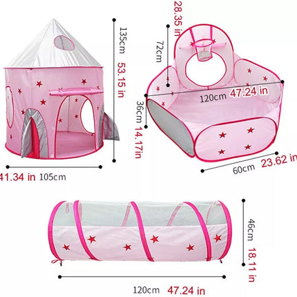 3 In 1 Play Tent Kids Toddlers Crawl Tunnel Pop Up Playhouse Ball Pit Play Tent Pink