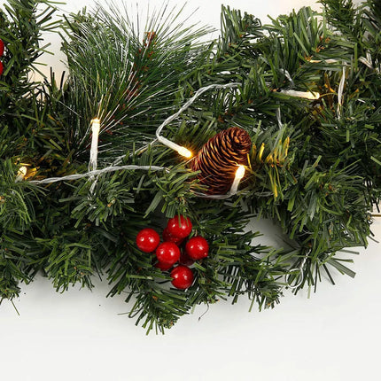 9FT Christmas Garland + LED Lights Pinecones Berry Bushy Wreath Stairs Fireplace