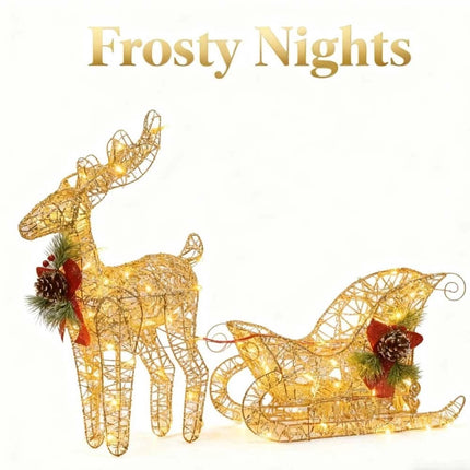 Solar-Powered Set of 2 Christmas Decoration Reindeer and Sleigh LED Yard Xmas