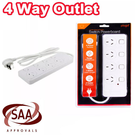4 Way Outlet Surge Protector Individual Switches 1 Meter 240V Power Board SAA
