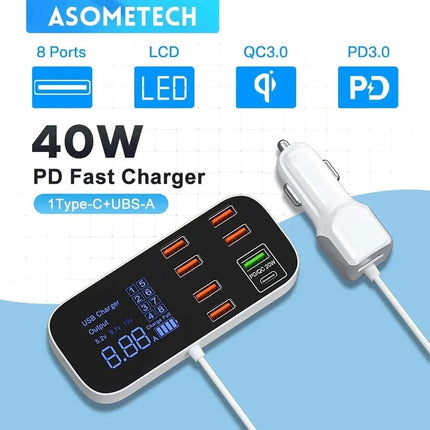 12V 24V 8 Port Multi USB C Car Charger Type-C PD QC3.0 Fast Charging Station
